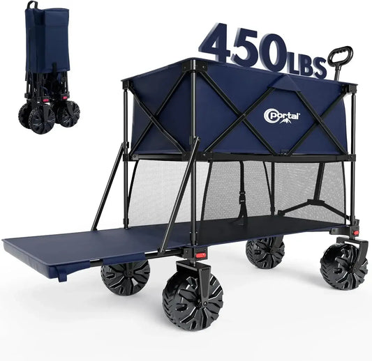 Collapsible Double Decker Wagon, Folding Wagon Cart with Tailgate, Beach Wagon with Big Wheels - compact and quick set up