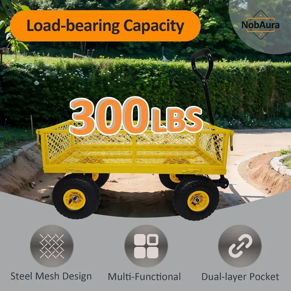 Heavy Duty Steel Garden Cart, Steel Mesh Lawn Cart with Removable Sides and 180° Rotating Smooth - 300lbs capacity
