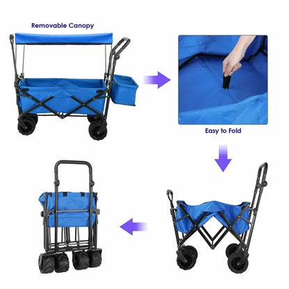 262L Collapsible Wagon cart with Removable Canopy, 115kg Capacity Push & Pull Utility Cart 600D Oxfort, Off-road wheel