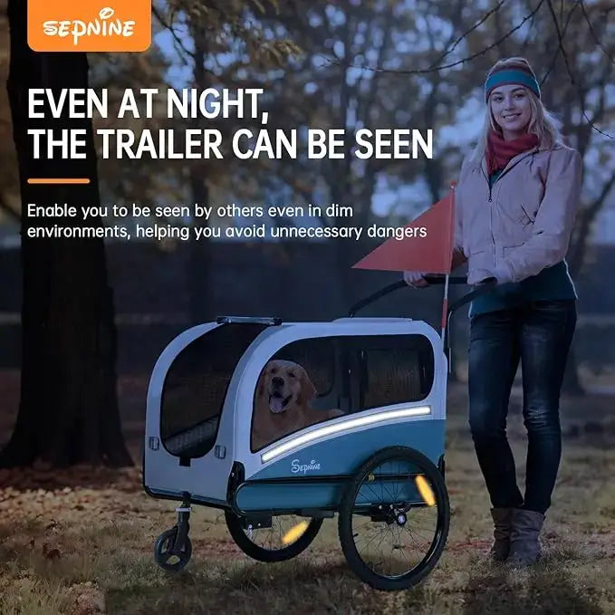 Dog Bike Trailer with reflective features, enhancing visibility for safe night rides.