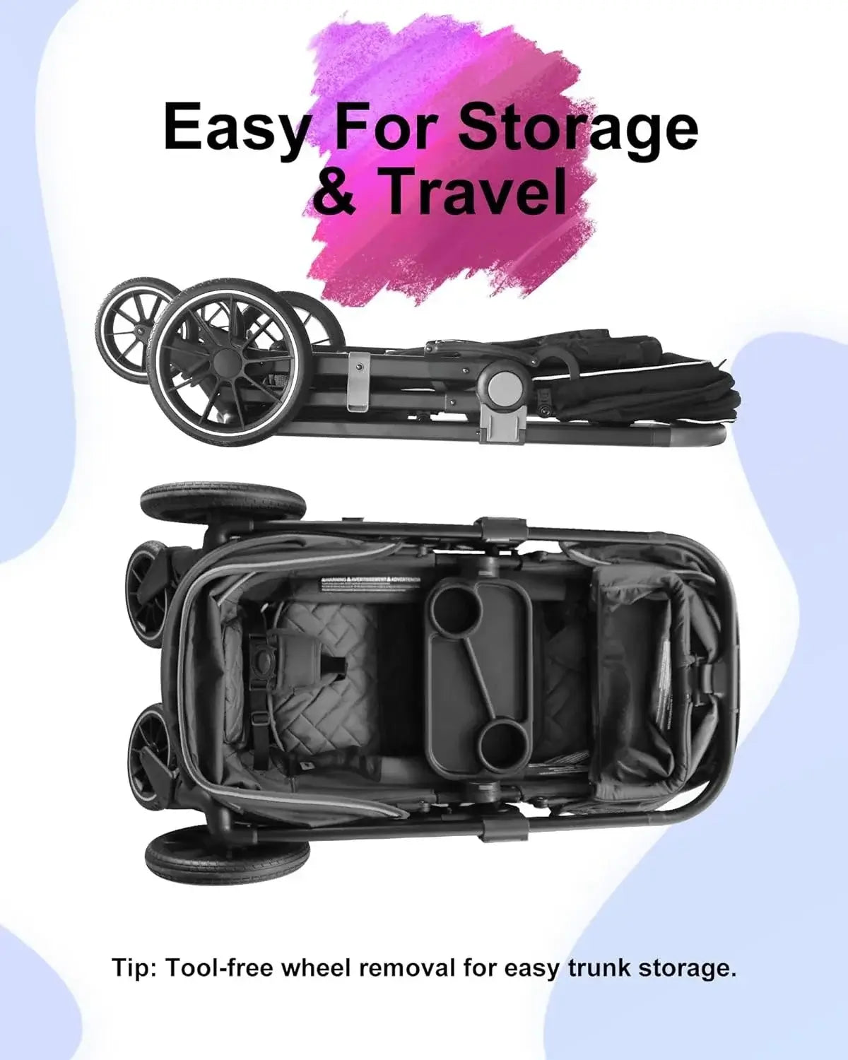 Double Seat Stroller Wagon – All-Terrain 2-in-1 Push & Pull Design, Double Seat, Large Storage, Adjustable Canopy, Removable Child Tray - easy storage
