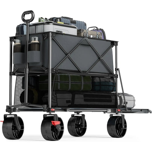 High quality - 400L Large Capacity Folding Double Decker Wagon with Brakes, 54" Extra Long Extender, 450lbs Heavy Duty