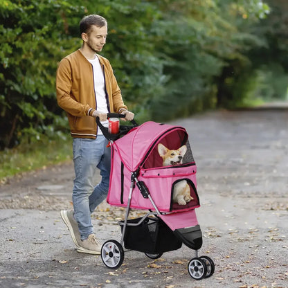 Pet Stroller Foldable - 3 Wheels with Cup Holder