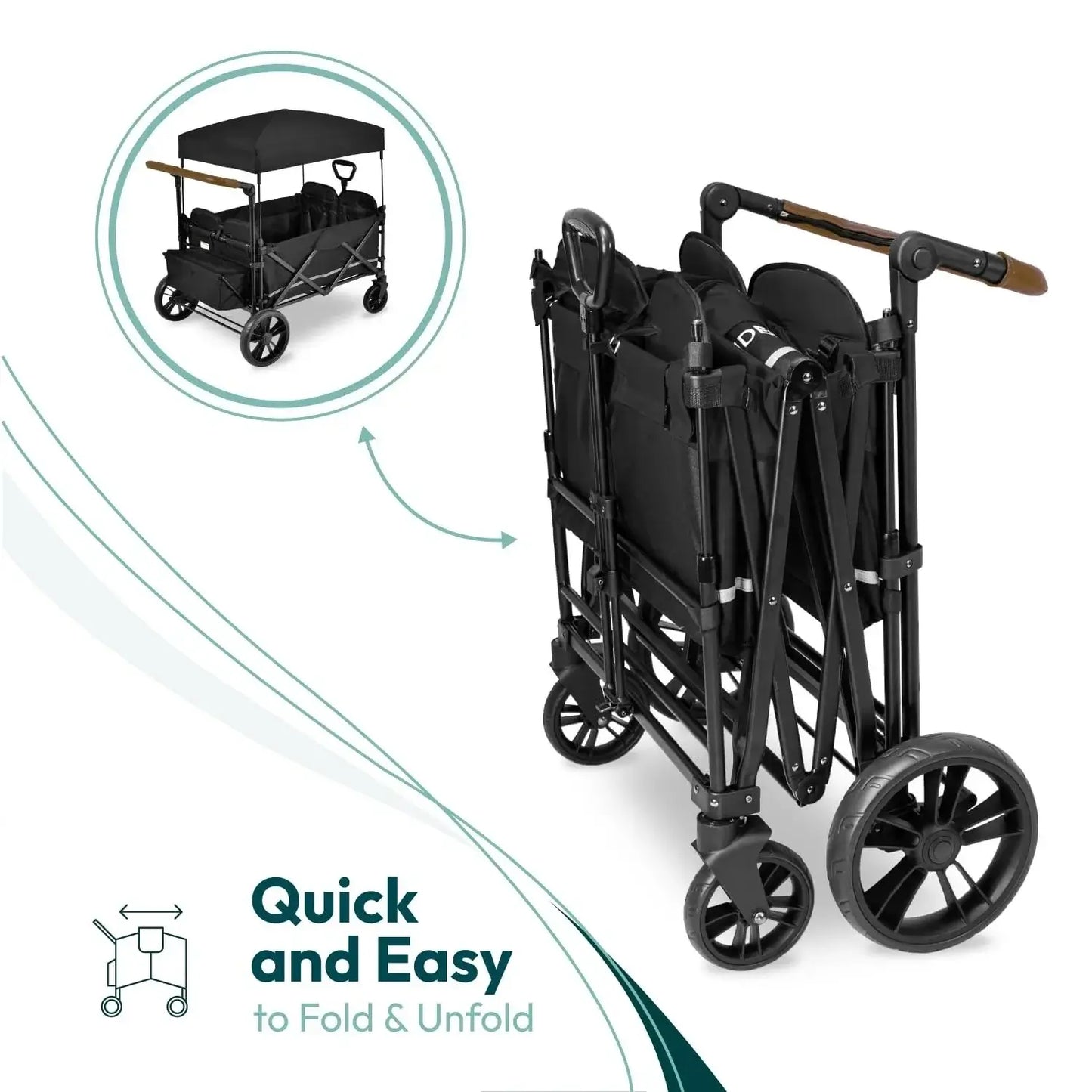X4 Push and Pull Quad Stroller Wagon (4 Seater) - Collapsible with Seats with 5-Point , Adjustable Push Handle, Black - easy fold and unfold