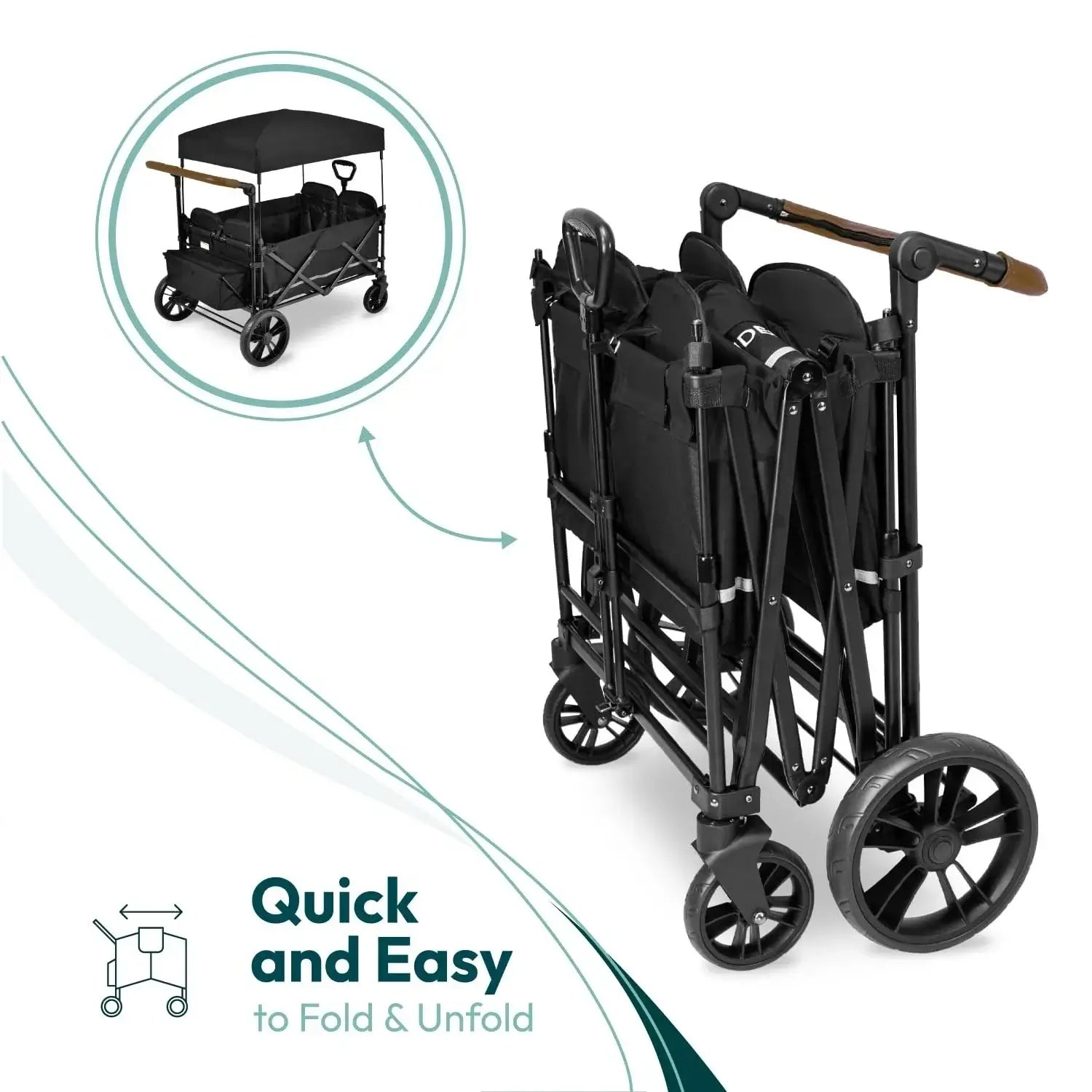 X4 Push and Pull Quad Stroller Wagon (4 Seater) - Collapsible with Seats with 5-Point , Adjustable Push Handle, Black - easy fold and unfold