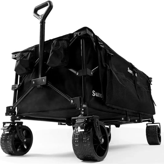Heavy Duty Foldable Wagon Cart, Foldable with Wheels, Extra Long Fold Up Wagons Carts with Side Pocket and Brakes - shock-absorbing wheels
