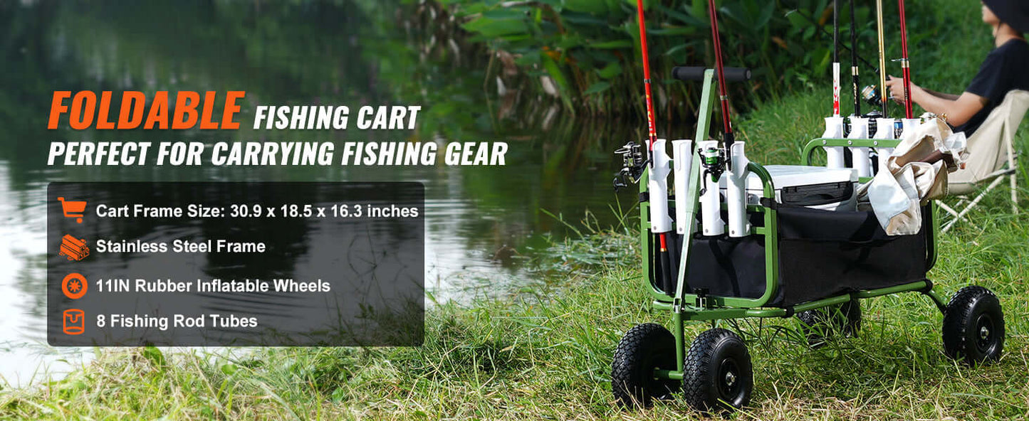 Foldable Fishing Cart, Marine Foldable Cart with (4 ) 11" Wheels, 8 Rod Holders, Pier Wagon Trolley for Sand, Picnic 