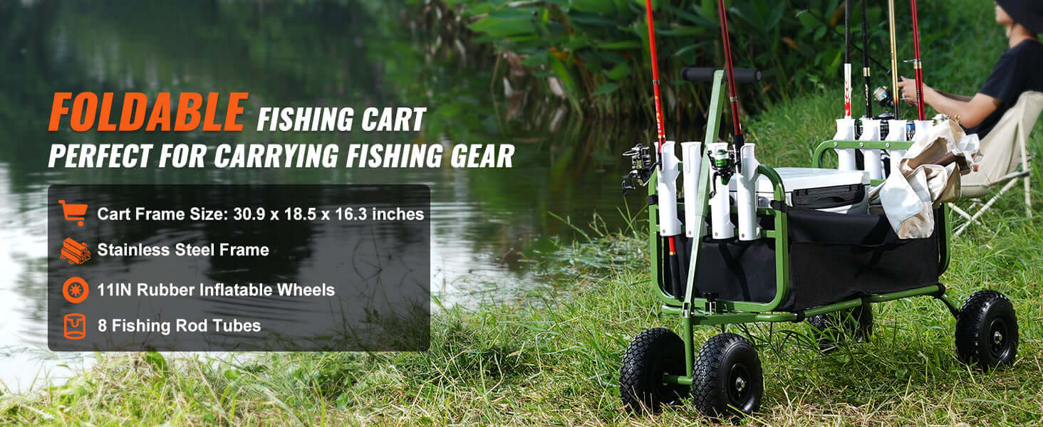 Foldable Fishing Cart, Marine Foldable Cart with (4 ) 11" Wheels, 8 Rod Holders, Pier Wagon Trolley for Sand, Picnic 