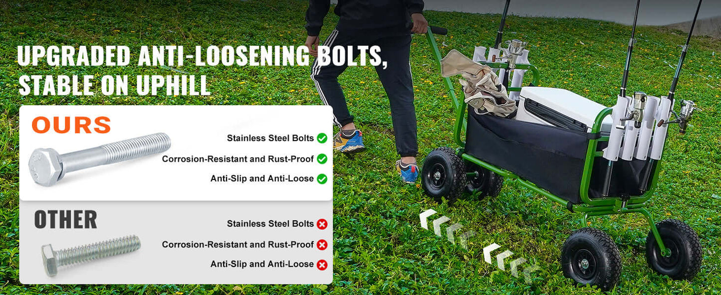 Foldable Fishing Cart, Marine Foldable Cart with (4 ) 11" Wheels, 8 Rod Holders, Pier Wagon Trolley for Sand, Picnic - anti-loose bolts