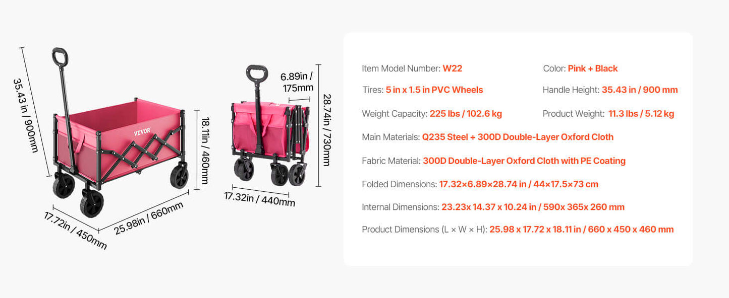 VEVOR Collapsible Wagon Cart, 120L & 225LBS Folding with All-Terrain Wheels with Adjustable Handle