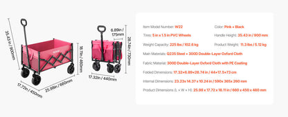 VEVOR Collapsible Wagon Cart, 120L & 225LBS Folding with All-Terrain Wheels with Adjustable Handle